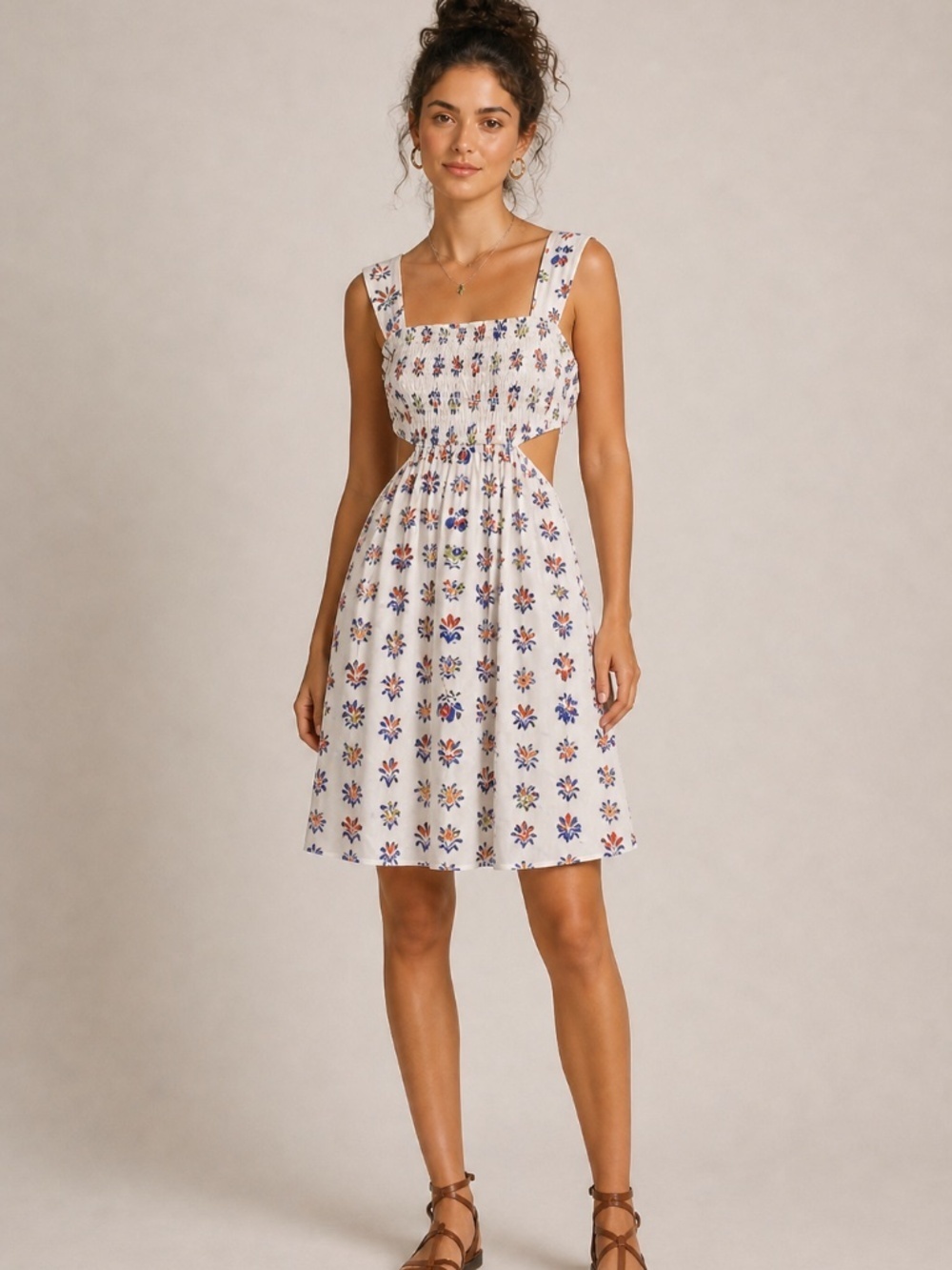 Anthropologie Botanical Print Smocked Cut-Out Midi Dress Size M